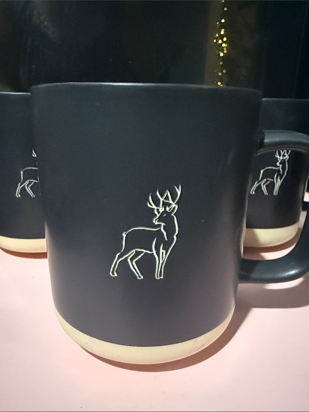 TAG Black Ceramic Mugs with cream Base and Deer Motif - Set of 4